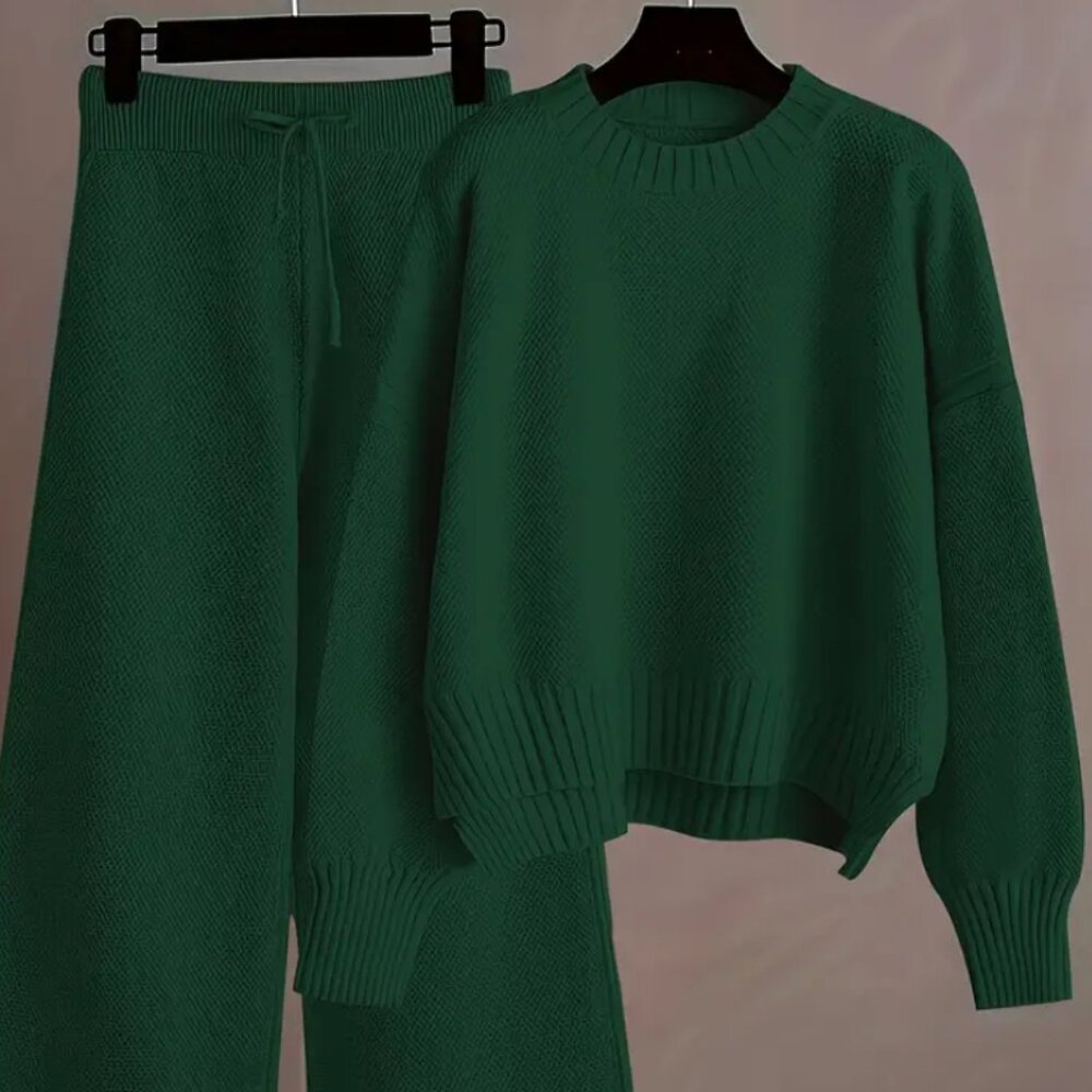 Plus Size Casual Solid Color Knitted Set, Crew Neck Long Sleeve Knitted Sweater